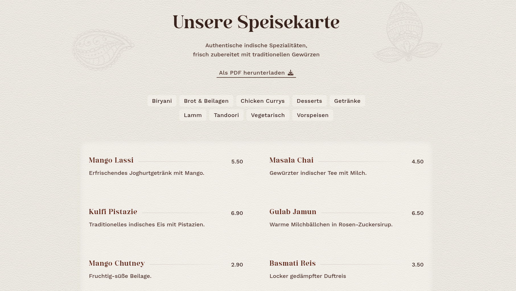Screenshot der online-Speisekarte 